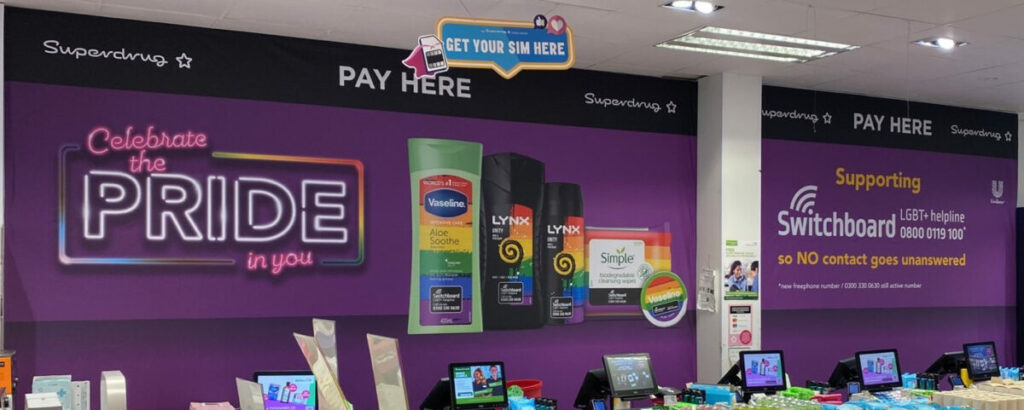 Unilever has partnered with Superdrug and LGBTQ+ charity Switchboard for pride month campaign - here showing a store interior makeover