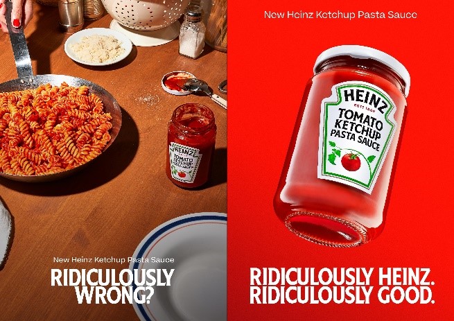 Heinz is questioning whether it's 'ridiculously wrong or ridiculously good' with the launch of its new Tomato Ketchup Pasta Sauce - yes, you read that correctly- depicted here as a split photo showing the ketchup sauce, and a pasta dish