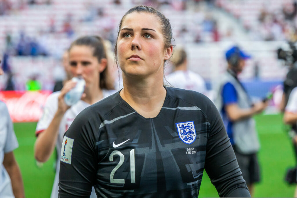 Mary Earps on football field. Styling brand Mark Hill scoops a clean sheet of sponsorship, with the signing of England goalkeeper Mary Earps, to capitalise on her big following.