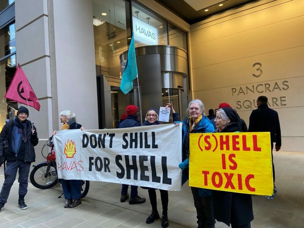Image of protesters outside Havas' London offices after the holding company renewed its contract with Shell.