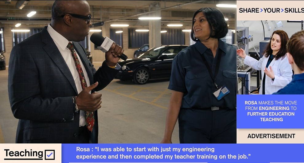 Screenshot from the campaign showing Sky Sports presenter Mike Wedderburn interviewing. The Department for Education (DFE) has collaborated with Sky on a new national TV campaign, “Teach in Further Education”, calling on industry professionals to transfer their industry skills to further education (FE) teaching.