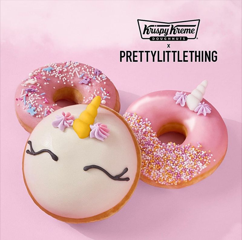 Image of unicorn styled Krispy Kreme doughnuts. Fashion brand Pretty Little Thing has launched an unlikely collaboration with doughnut staple Krispy Kreme.