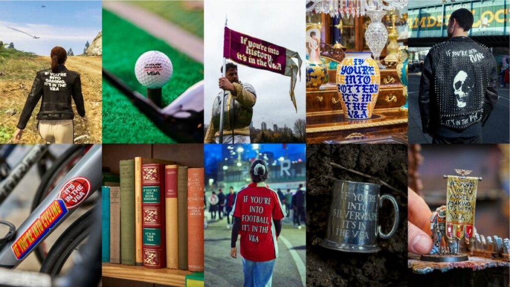 Image from the V&A's 'If You're Into it, it's in the V&A' campaign featuring Asenal shirts, golfing, pottery and more. The British Library, Tate and 13 other museums in London and Oxford have selected agency Anything Is Possible to handle their planning and buying.