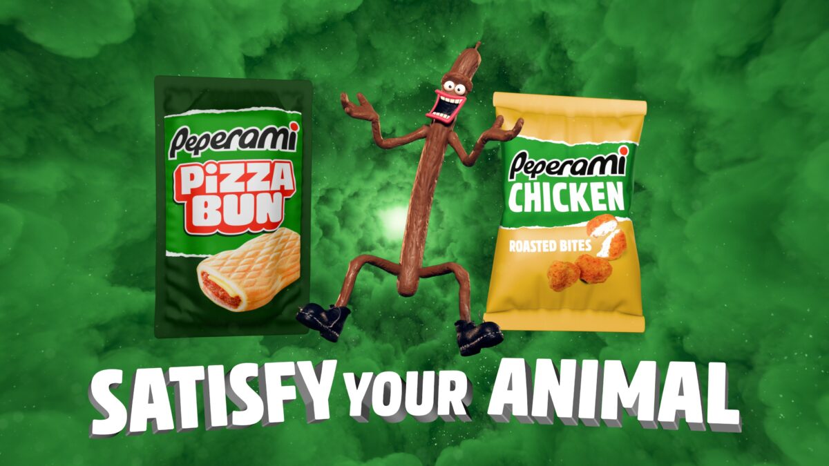 New creative from peperami showing the animal character with a smiling face and two examples of the snack item on a green background. Peperami is bringing back its iconic ‘Animal’ character after nearly a decade since it last graced the nation’s television screens.