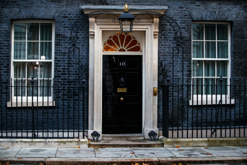Number 10 door at Downing Street. New research reveals that music tracks could play a key role in improving the electoral chances in this year's general election.