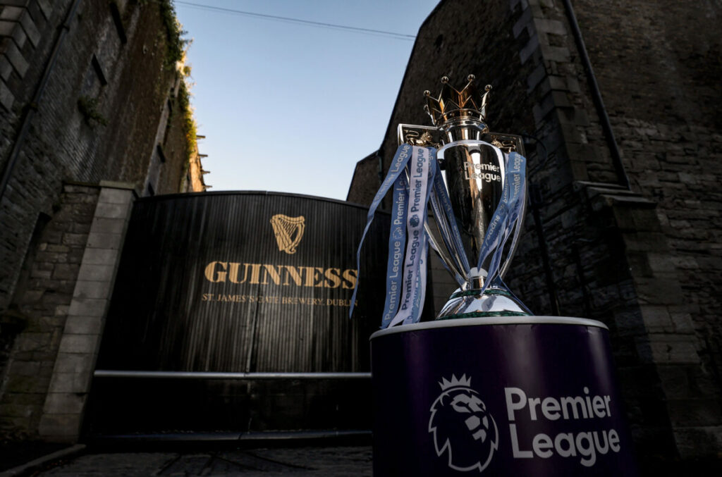 Guiness gate at St James' Brewery Dublin behind a Premier League trophy. Guinness has confirmed its first ever global partnership with the Premier League as it becomes the official beer of the Premier League for the 2024/25 season.