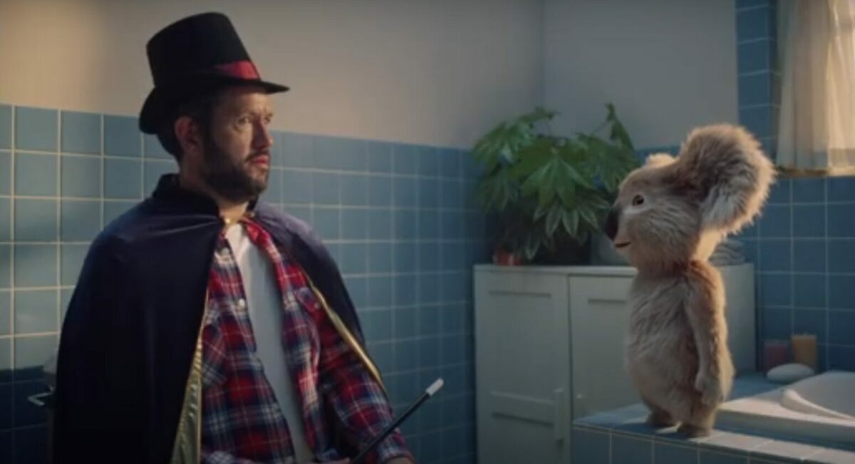 Kenny the Koala and magician stare intently at eachother. Cushelle gives Kenny the Koala first speaking part in 14 years
