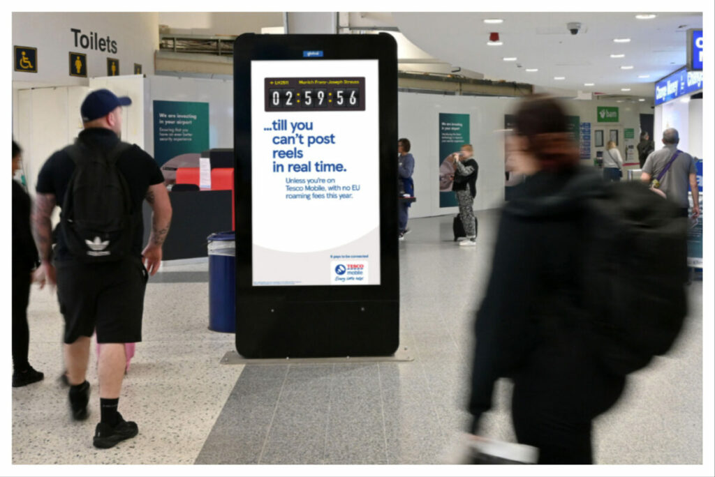 Tesco Mobile is spotlighting its lack of EU roaming charges in a new digital out-of-home campaign running across some of the UK's busiest airports.