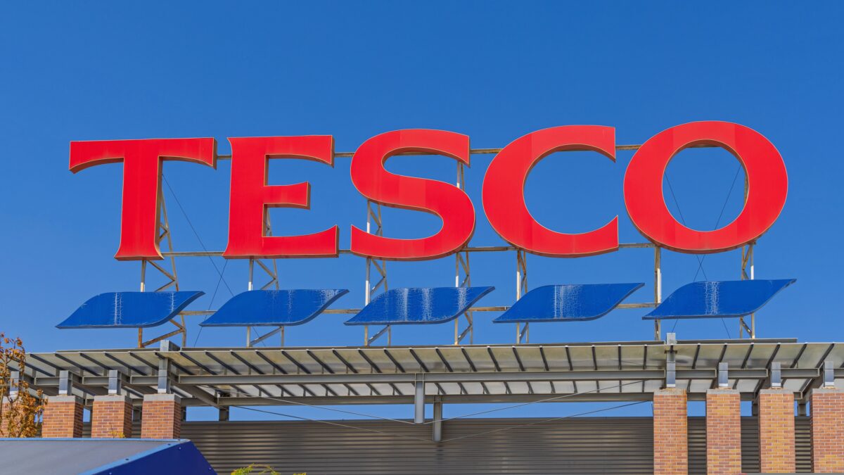 Outside of a Tesco supermarket. Tesco is using AI to offer customers personalised video messages, which see celebrities acting as spokespeople for local initiatives.