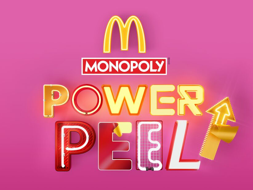 A pink backdrop and a new neon bright Power Peel logo for McDonalds Monopoly 2024. A new McDonald's campaign marks the 18th edition of its annual promotion bringing its classic peel-on-pack concept online and encourages customers to embrace the "power peel".