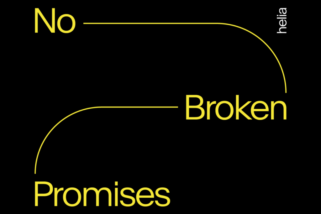 Havas Helia's new 'No Broken Promises' look - yellow righting on a black background. Interconnected by lines. The new approach from Havas' customer experience agency helia is based on the fact that customers are tired of unmet brand promises.