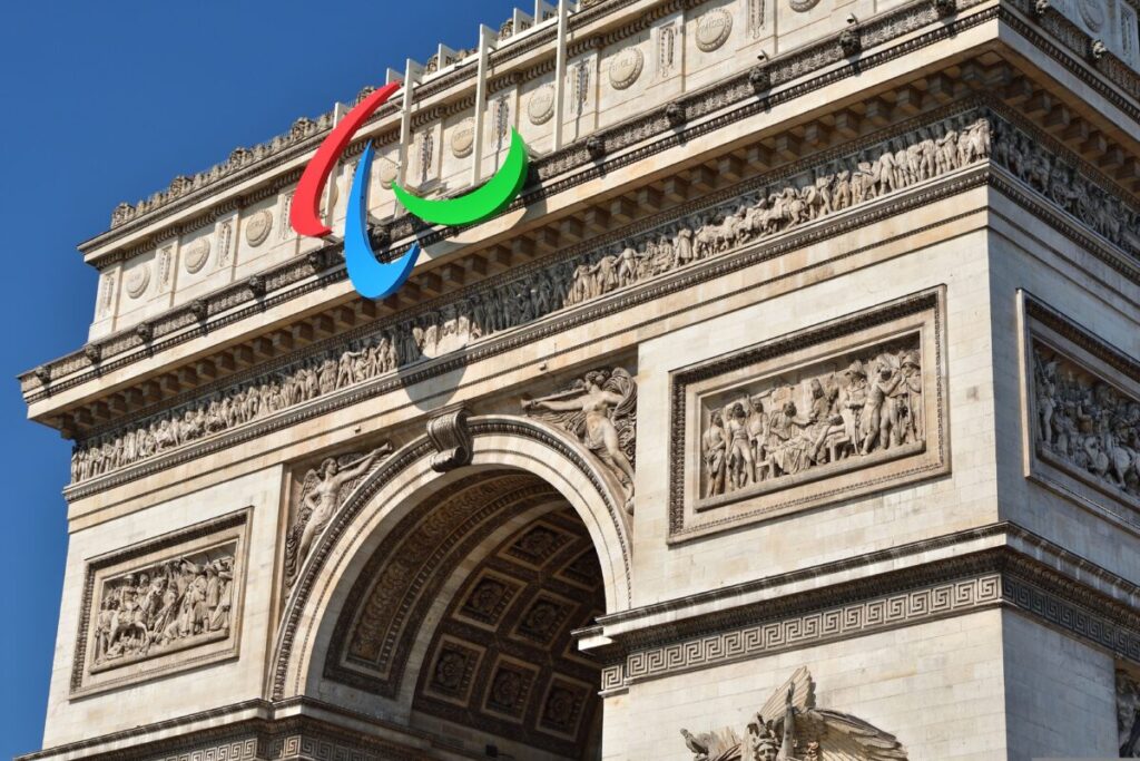 The Arc de Triomphe with the Paralympics agitos displayed. Channel 4 manage to ensure 60% of adverts around the Paralympics were subtitled but missed out on achieving its 100% target.