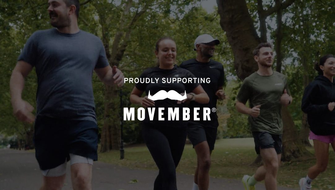 Runners in the park a moustache logo and the words proudly supporting Movember. Movember ties up with Coopah for a short film showing ten runners in conversation with strangers about their experiences of loss and mental health.