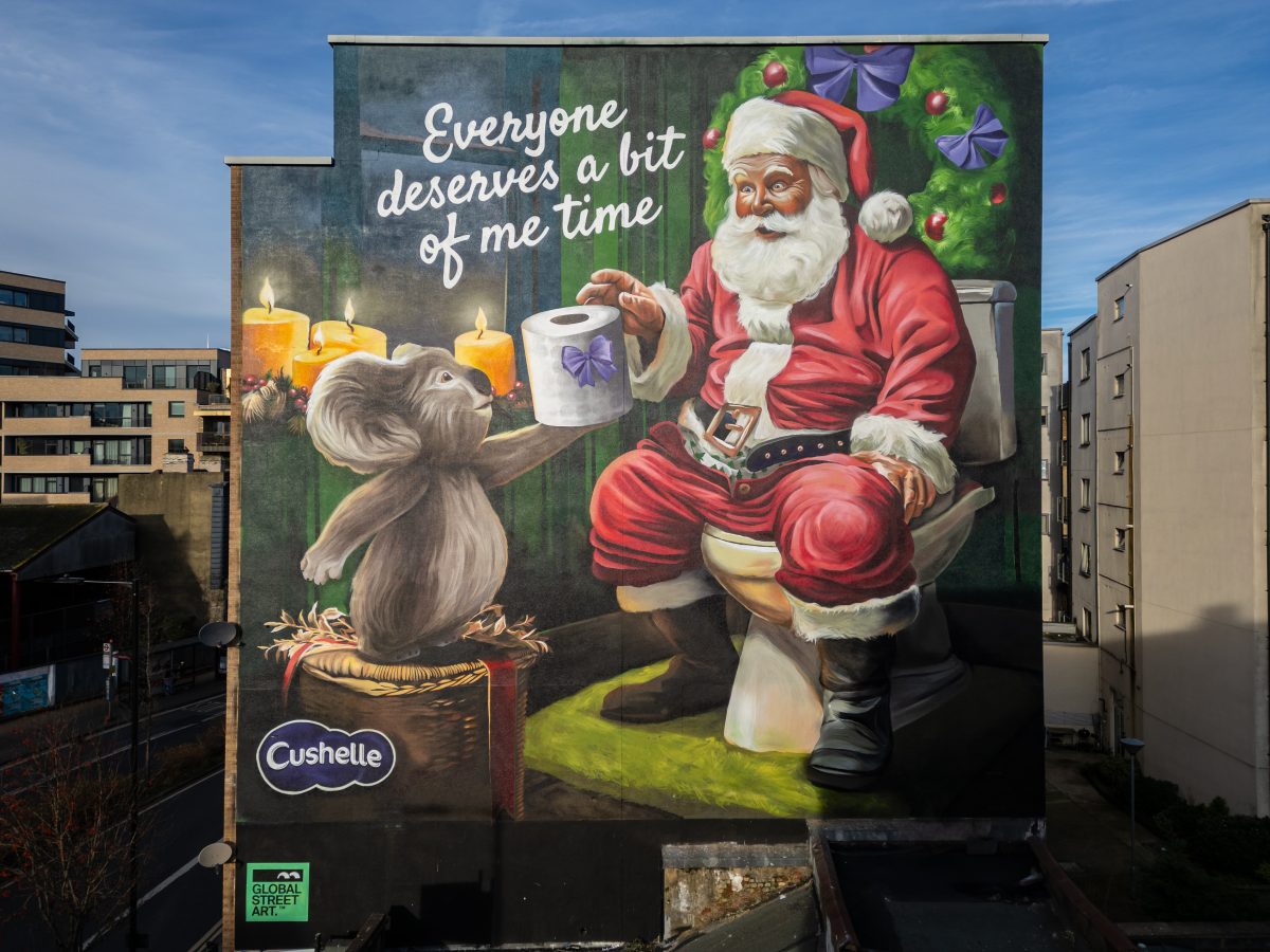 Essity-owned Cushelle has brought two humorous festive-themed murals to the streets of London and Manchester to remind people to “indulge in self-care”.